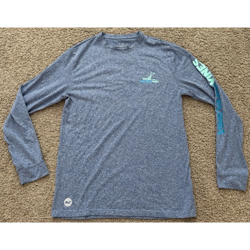Vineyard Vines Performance Long Sleeve Mens XS Fishing Boat Print Heathered Blue